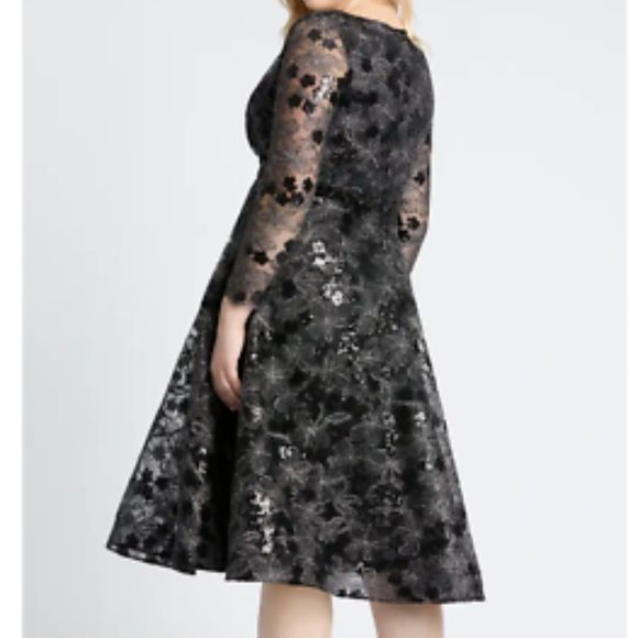 MAC DUGGAL LONG SLEEVE SEQUIN LACE MIDI COCKTAIL BLACK DRESS sz 14W - Picture 2 of 3